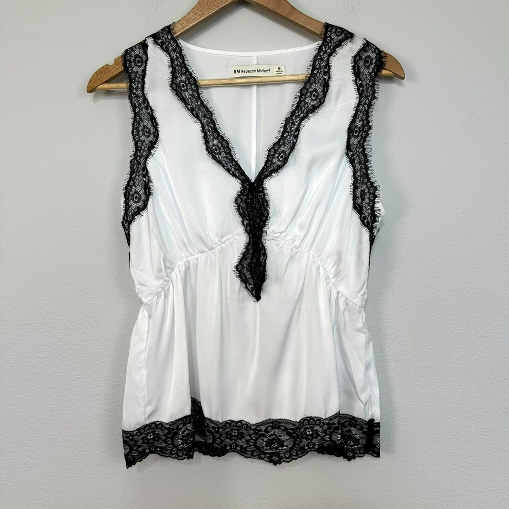 Rebecca Minkoff Women's Lace Trim Sleeveless Blouse Cinched Waist White Black M